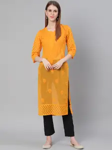 Saadgi Women Yellow Handloom Chikankari Embroidered Straight Kurta