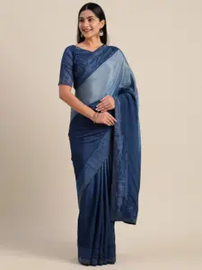 Mitera Navy Blue & Navy Blue Silk Blend Woven Design Saree