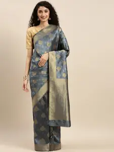 Mitera Charcoal Grey & Gold-Toned Silk Blend Woven Design Kanjeevaram Saree