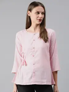 MIMOSA Women Pink & Black Striped Top with Pleats & Tie-Ups