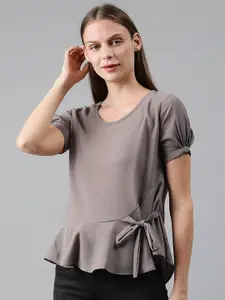MIMOSA Women Grey Solid A-Line Top With Tie-Ups