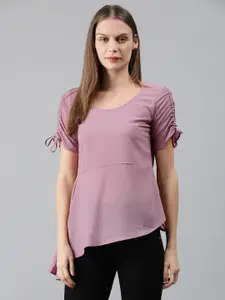MIMOSA Women Pink Solid Ruffled A-Line Top with Tie-Up Sleeves