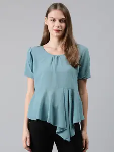 MIMOSA Women Teal Blue Solid Ruffled A-Line Top
