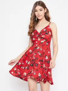 Berrylush Women Red & Black Floral Printed Fit and Flare Dress