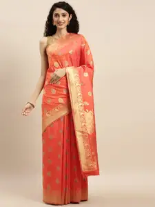 Mitera Orange & Gold-Toned Silk Blend Woven Design Kanjeevaram Saree