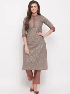 Vbuyz Women Grey & Gold-Coloured Printed Straight Kurta