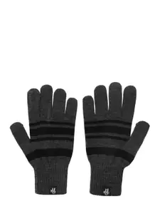 Roadster Men Grey & Black Striped Acrylic Gloves