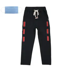 Lil Tomatoes Boys Navy Blue Solid Straight-Fit Track Pants & 3-Ply Surgical Mask