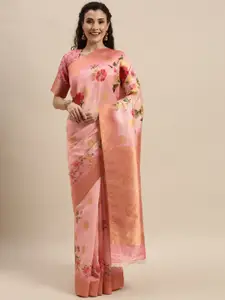Kvsfab Pink & Red Silk Woven Design  & Floral Printed Saree