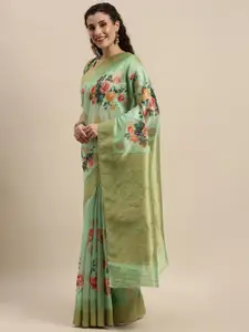 Kvsfab Green Floral Printed Silk Saree