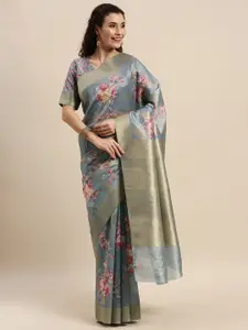Kvsfab Grey & Pink Silk Floral Printed Saree