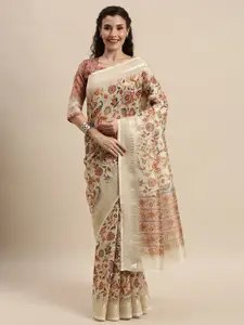 Kvsfab Beige Weaving Digital Printed Cotton Blend Saree