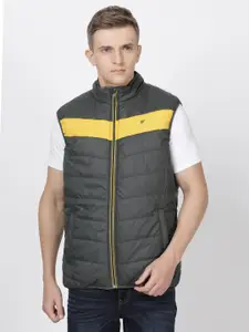 t-base Men Olive Green & Yellow Solid Insulator Puffer Jacket