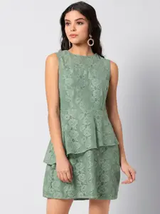 FabAlley Women Green Layered Lace A-Line Dress