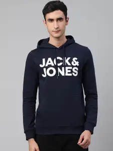 Jack & Jones Men Navy Blue Brand Logo Printed Hooded Sweatshirt