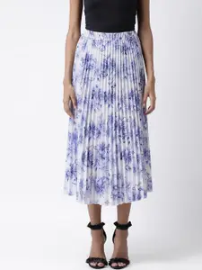 KASSUALLY Women White & Blue Printed Pleated A-Line Midi Skirt