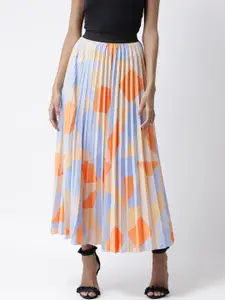 KASSUALLY Women Blue & Orange Printed Pleated A-Line Maxi Skirt
