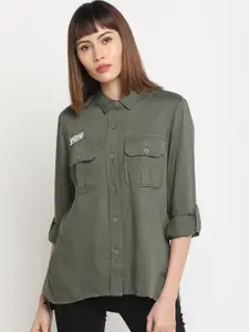 Pepe Jeans Women Olive Green Regular Fit Solid Casual Shirt
