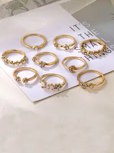 Jewels Galaxy Women Set of 9 Gold-Plated Stone-Studded Finger Rings