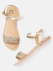 Carlton London Women Gold-Toned & Silver-Toned Embellished Open Toe Flats