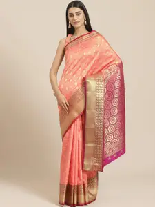 Chhabra 555 Coral Pink & Golden Handloom Zari Woven Design Banarasi Saree