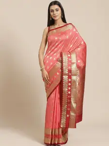 Chhabra 555 Pink & Golden Handloom Zari Woven Design Jacquard Banarasi Saree