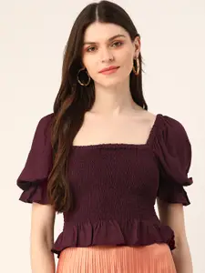 Trend Arrest Women Burgundy Solid Smocked Fitted Top