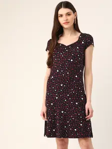 Trend Arrest Women Black & Purple Heart Print A-Line Dress