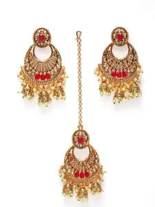 PANASH Gold-Plated Red & White Stone Studded & Beaded Handcrafted Maang Tika With Earring Set