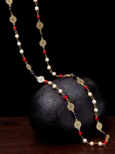 PANASH Women Gold-Plated & Red Jade Stone-Studded Handcrafted Necklace
