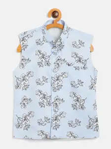 YK Boys Blue & White Printed Woven Nehru Jacket
