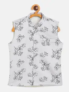 YK Boys Grey & White Printed Woven Nehru Jacket
