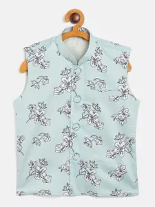 YK Boys Green & White Floral Printed Woven Nehru Jacket