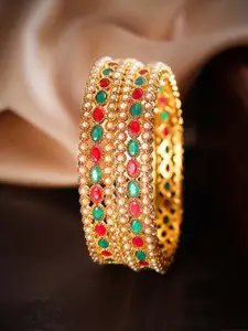 Rubans Set Of 2 24K Gold-Plated & Red Stone-Studded Handcrafted Bangles
