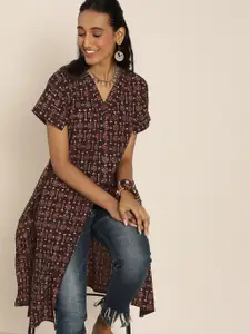 Taavi Women Coffee Brown & Red Ajrakh Hand Block Print Sustainable Kurta with High Slit