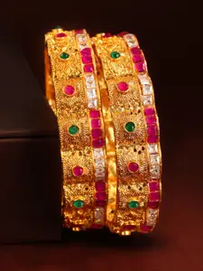 Rubans Set Of 2 24K Gold-Plated Pink & Green Stone-Studded Handcrafted Bangles