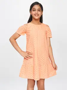Global Desi Peach Schiffli Cotton A-Line Dress