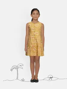 Global Desi Girls Yellow Printed A-Line Pure Cotton Dress