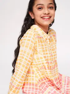 Global Desi Girls Yellow & Pink Checked Shirt Style Dress