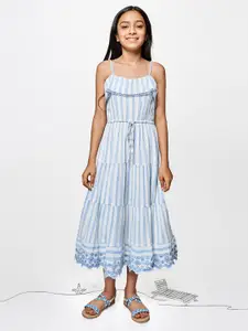 Global Desi White & Blue Striped Cotton Tiered A-Line Midi Dress