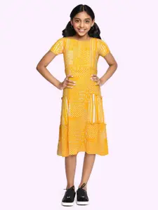 Global Desi Girls Mustard Yellow Pure Cotton Fit & Flare Midi Dress