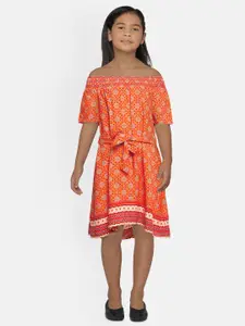 Global Desi Girls Orange Printed A-Line Dress