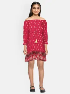 Global Desi Girls Red Printed A-Line Dress
