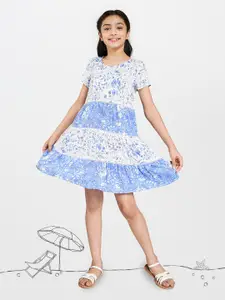 Global Desi White & Blue Floral Tiered Cotton Fit & Flare Dress