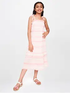 Global Desi Pink & White Striped Tiered Cotton A-Line Midi Dress