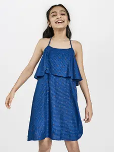 Global Desi Navy Blue Printed A-Line Dress