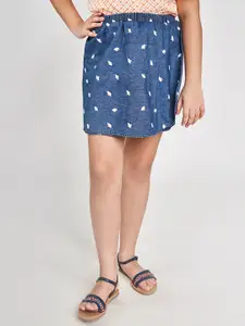 Global Desi Girls Navy Blue Printed A-Line Denim Skirt