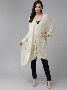 W Women Beige Embroidered Longline Poncho with Embroidered Detail