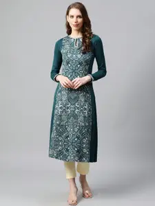 W Women Teal Blue & Grey Ethnic Motifs Keyhole Neck Jacquard Straight Winter Kurta