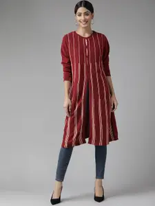 W Women Maroon & Off White Striped Longline Front-Open Sweater